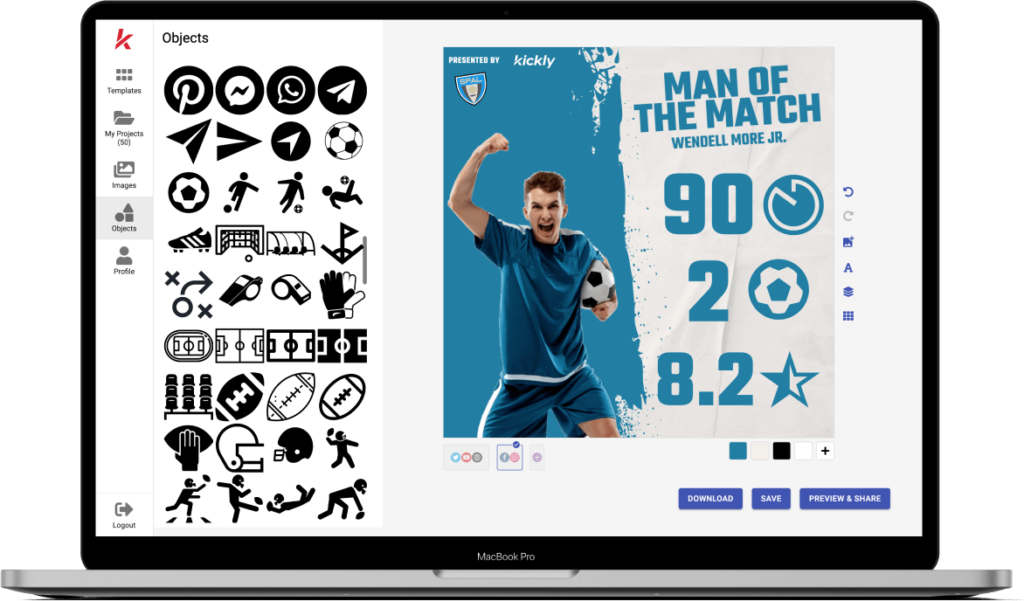 Utilize more than 300 sport icons to make your graphics look even better with Kickly 